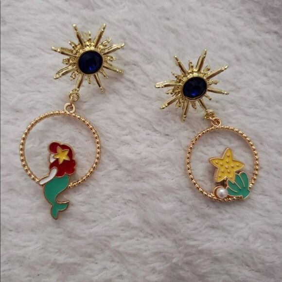 Y2K Disney Ariel Little Mermaid Starfish Ocean Charm Drop Earrings - Picture 7 of 8